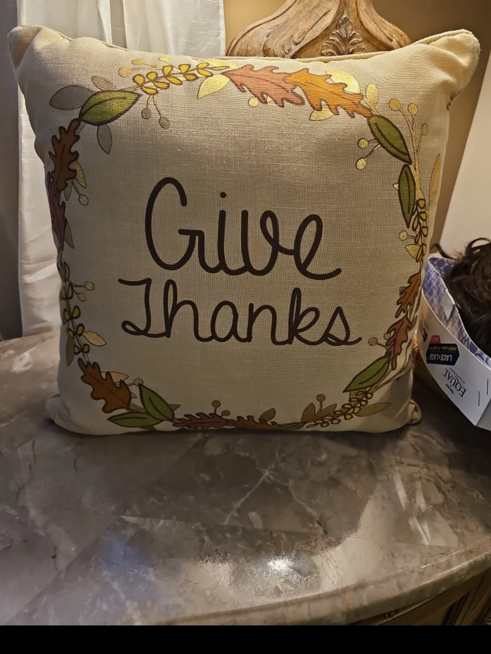 Give Thanks Autumn Accent Pillow - Cream, Green ,metallic Gold Brand New 16x16